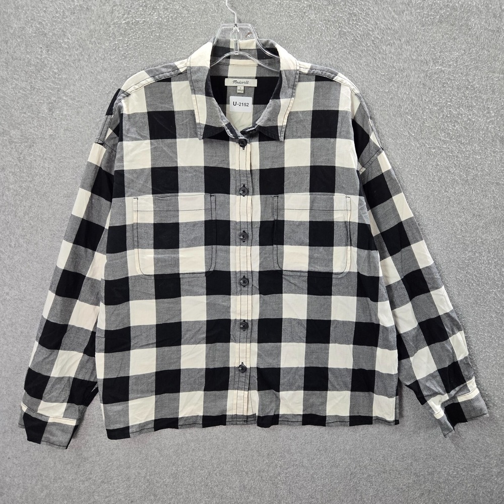 Madewell Women Top Large Gray Buffalo Plaid Flannel Shirt Jacket Button Up